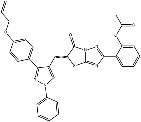 [2-[(5Z)-6-oxo-5-[[1-phenyl-3-(4-prop-2-enoxyphenyl)pyrazol-4-yl]methylidene]-[1,3]thiazolo[3,2-b][1,2,4]triazol-2-yl]phenyl] acetate 구조식 이미지