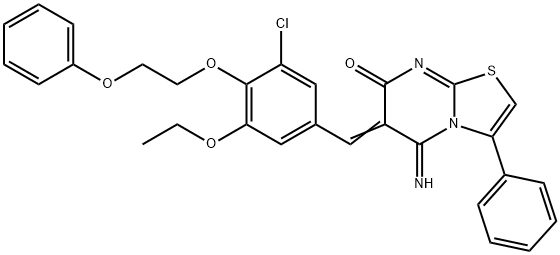 (6Z)-6-[[3-chloro-5-ethoxy-4-(2-phenoxyethoxy)phenyl]methylidene]-5-imino-3-phenyl-[1,3]thiazolo[3,2-a]pyrimidin-7-one Structure