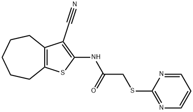 N-(3-cyano-5,6,7,8-tetrahydro-4H-cyclohepta[b]thiophen-2-yl)-2-pyrimidin-2-ylsulfanylacetamide 구조식 이미지