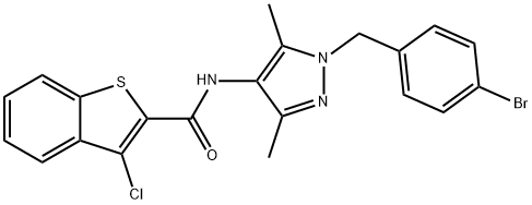 N-[1-[(4-bromophenyl)methyl]-3,5-dimethylpyrazol-4-yl]-3-chloro-1-benzothiophene-2-carboxamide 구조식 이미지