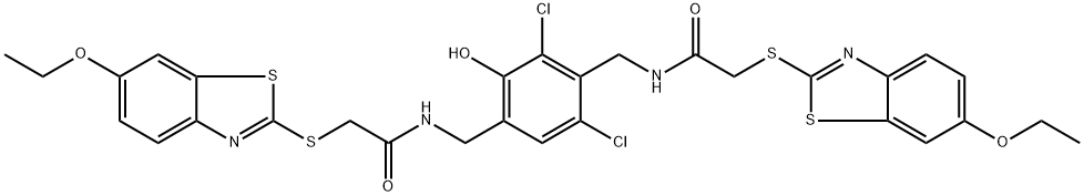 N-[[3,5-dichloro-4-[[[2-[(6-ethoxy-1,3-benzothiazol-2-yl)sulfanyl]acetyl]amino]methyl]-2-hydroxyphenyl]methyl]-2-[(6-ethoxy-1,3-benzothiazol-2-yl)sulfanyl]acetamide 구조식 이미지