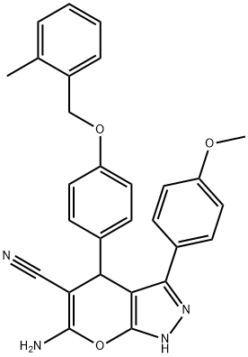 6-amino-3-(4-methoxyphenyl)-4-[4-[(2-methylphenyl)methoxy]phenyl]-2,4-dihydropyrano[2,3-c]pyrazole-5-carbonitrile Structure