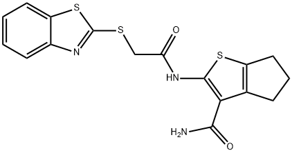 2-[[2-(1,3-benzothiazol-2-ylsulfanyl)acetyl]amino]-5,6-dihydro-4H-cyclopenta[b]thiophene-3-carboxamide 구조식 이미지