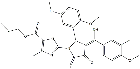 prop-2-enyl 2-[(3E)-2-(2,5-dimethoxyphenyl)-3-[hydroxy-(4-methoxy-3-methylphenyl)methylidene]-4,5-dioxopyrrolidin-1-yl]-4-methyl-1,3-thiazole-5-carboxylate Structure