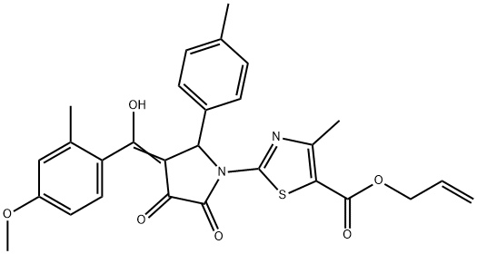 prop-2-enyl 2-[(3E)-3-[hydroxy-(4-methoxy-2-methylphenyl)methylidene]-2-(4-methylphenyl)-4,5-dioxopyrrolidin-1-yl]-4-methyl-1,3-thiazole-5-carboxylate Structure