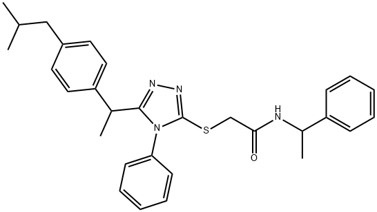 2-[[5-[1-[4-(2-methylpropyl)phenyl]ethyl]-4-phenyl-1,2,4-triazol-3-yl]sulfanyl]-N-(1-phenylethyl)acetamide 구조식 이미지
