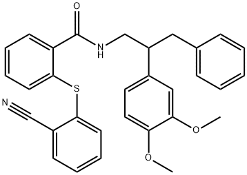 2-(2-cyanophenyl)sulfanyl-N-[2-(3,4-dimethoxyphenyl)-3-phenylpropyl]benzamide 구조식 이미지