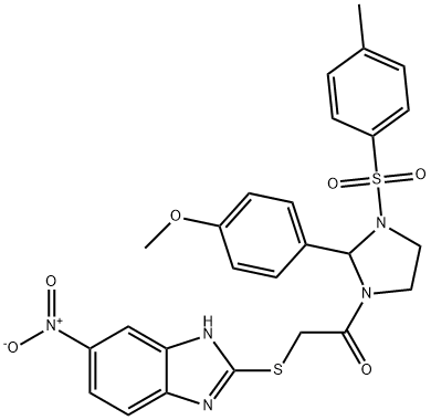 1-[2-(4-methoxyphenyl)-3-(4-methylphenyl)sulfonylimidazolidin-1-yl]-2-[(6-nitro-1H-benzimidazol-2-yl)sulfanyl]ethanone 구조식 이미지