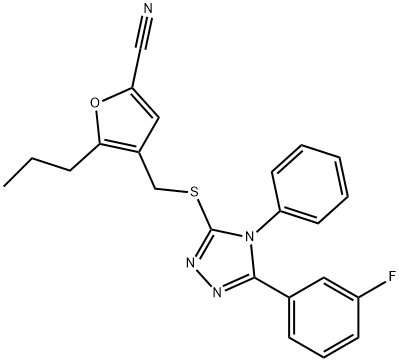 4-[[5-(3-fluorophenyl)-4-phenyl-1,2,4-triazol-3-yl]sulfanylmethyl]-5-propylfuran-2-carbonitrile 구조식 이미지