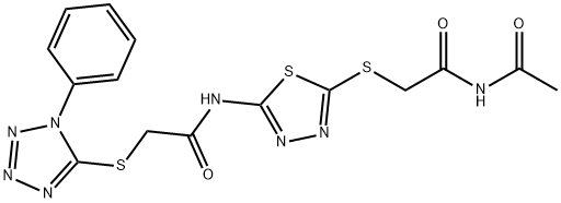 N-[5-(2-acetamido-2-oxoethyl)sulfanyl-1,3,4-thiadiazol-2-yl]-2-(1-phenyltetrazol-5-yl)sulfanylacetamide 구조식 이미지