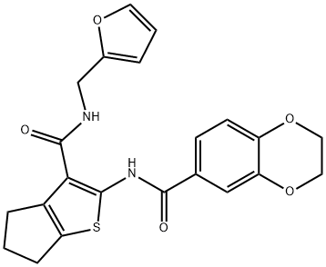 N-[3-(furan-2-ylmethylcarbamoyl)-5,6-dihydro-4H-cyclopenta[b]thiophen-2-yl]-2,3-dihydro-1,4-benzodioxine-6-carboxamide 구조식 이미지