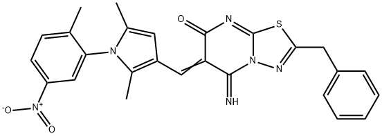 (6Z)-2-benzyl-6-[[2,5-dimethyl-1-(2-methyl-5-nitrophenyl)pyrrol-3-yl]methylidene]-5-imino-[1,3,4]thiadiazolo[3,2-a]pyrimidin-7-one Structure
