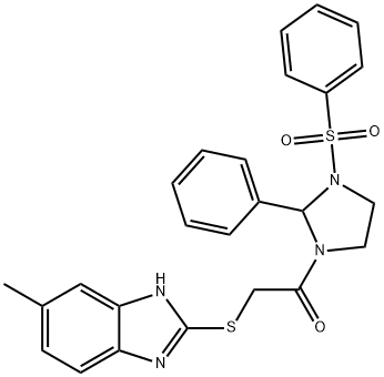 1-[3-(benzenesulfonyl)-2-phenylimidazolidin-1-yl]-2-[(6-methyl-1H-benzimidazol-2-yl)sulfanyl]ethanone 구조식 이미지