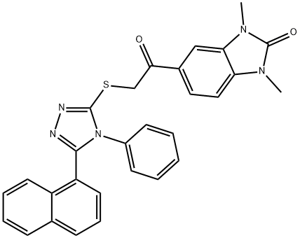 1,3-dimethyl-5-[2-[(5-naphthalen-1-yl-4-phenyl-1,2,4-triazol-3-yl)sulfanyl]acetyl]benzimidazol-2-one 구조식 이미지