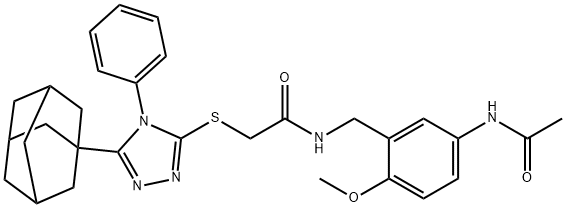 N-[(5-acetamido-2-methoxyphenyl)methyl]-2-[[5-(1-adamantyl)-4-phenyl-1,2,4-triazol-3-yl]sulfanyl]acetamide 구조식 이미지