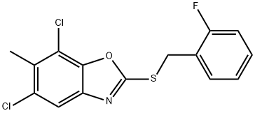 5,7-dichloro-2-[(2-fluorophenyl)methylsulfanyl]-6-methyl-1,3-benzoxazole Structure