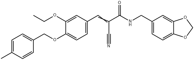 (E)-N-(1,3-benzodioxol-5-ylmethyl)-2-cyano-3-[3-ethoxy-4-[(4-methylphenyl)methoxy]phenyl]prop-2-enamide 구조식 이미지