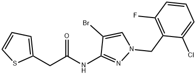 N-[4-bromo-1-[(2-chloro-6-fluorophenyl)methyl]pyrazol-3-yl]-2-thiophen-2-ylacetamide 구조식 이미지