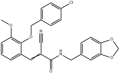 (E)-N-(1,3-benzodioxol-5-ylmethyl)-3-[2-[(4-chlorophenyl)methoxy]-3-methoxyphenyl]-2-cyanoprop-2-enamide 구조식 이미지