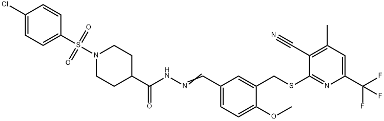 1-(4-chlorophenyl)sulfonyl-N-[(E)-[3-[[3-cyano-4-methyl-6-(trifluoromethyl)pyridin-2-yl]sulfanylmethyl]-4-methoxyphenyl]methylideneamino]piperidine-4-carboxamide 구조식 이미지