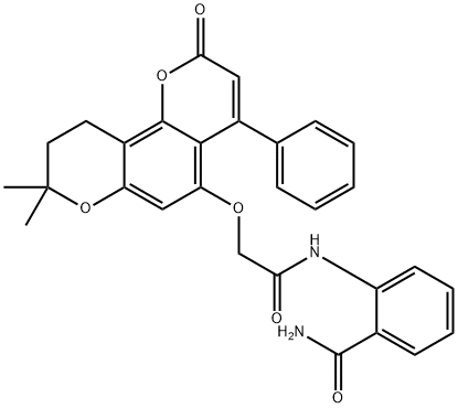 2-[[2-[(8,8-dimethyl-2-oxo-4-phenyl-9,10-dihydropyrano[2,3-h]chromen-5-yl)oxy]acetyl]amino]benzamide Structure