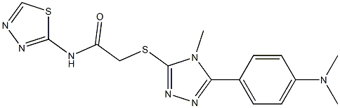 2-[[5-[4-(dimethylamino)phenyl]-4-methyl-1,2,4-triazol-3-yl]sulfanyl]-N-(1,3,4-thiadiazol-2-yl)acetamide 구조식 이미지