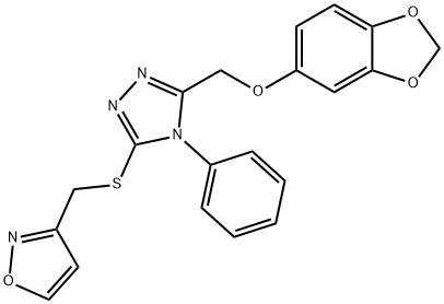 3-[[5-(1,3-benzodioxol-5-yloxymethyl)-4-phenyl-1,2,4-triazol-3-yl]sulfanylmethyl]-1,2-oxazole 구조식 이미지