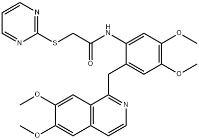 N-[2-[(6,7-dimethoxyisoquinolin-1-yl)methyl]-4,5-dimethoxyphenyl]-2-pyrimidin-2-ylsulfanylacetamide 구조식 이미지