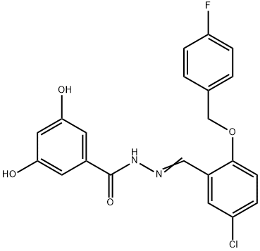 N-[(E)-[5-chloro-2-[(4-fluorophenyl)methoxy]phenyl]methylideneamino]-3,5-dihydroxybenzamide 구조식 이미지