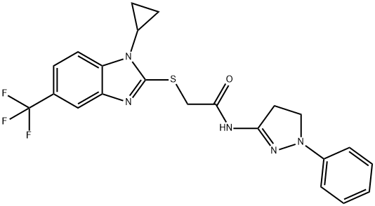 2-[1-cyclopropyl-5-(trifluoromethyl)benzimidazol-2-yl]sulfanyl-N-(2-phenyl-3,4-dihydropyrazol-5-yl)acetamide 구조식 이미지