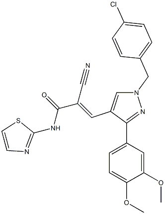 (E)-3-[1-[(4-chlorophenyl)methyl]-3-(3,4-dimethoxyphenyl)pyrazol-4-yl]-2-cyano-N-(1,3-thiazol-2-yl)prop-2-enamide Structure