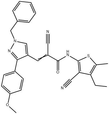 (E)-3-[1-benzyl-3-(4-methoxyphenyl)pyrazol-4-yl]-2-cyano-N-(3-cyano-4-ethyl-5-methylthiophen-2-yl)prop-2-enamide 구조식 이미지