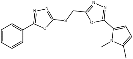 2-(1,5-dimethylpyrrol-2-yl)-5-[(5-phenyl-1,3,4-oxadiazol-2-yl)sulfanylmethyl]-1,3,4-oxadiazole 구조식 이미지