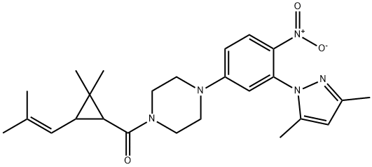 [2,2-dimethyl-3-(2-methylprop-1-enyl)cyclopropyl]-[4-[3-(3,5-dimethylpyrazol-1-yl)-4-nitrophenyl]piperazin-1-yl]methanone Structure