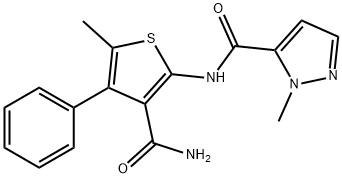 N-(3-carbamoyl-5-methyl-4-phenylthiophen-2-yl)-2-methylpyrazole-3-carboxamide 구조식 이미지