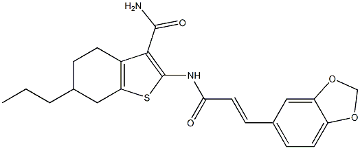 2-[[(E)-3-(1,3-benzodioxol-5-yl)prop-2-enoyl]amino]-6-propyl-4,5,6,7-tetrahydro-1-benzothiophene-3-carboxamide 구조식 이미지