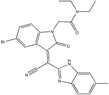 2-[(3E)-5-bromo-3-[cyano-(6-methyl-1H-benzimidazol-2-yl)methylidene]-2-oxoindol-1-yl]-N,N-diethylacetamide 구조식 이미지