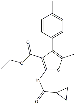 ethyl 2-(cyclopropanecarbonylamino)-5-methyl-4-(4-methylphenyl)thiophene-3-carboxylate 구조식 이미지