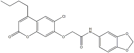 N-(1,3-benzodioxol-5-yl)-2-(4-butyl-6-chloro-2-oxochromen-7-yl)oxyacetamide 구조식 이미지