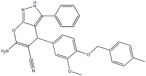 6-amino-4-[3-methoxy-4-[(4-methylphenyl)methoxy]phenyl]-3-phenyl-2,4-dihydropyrano[2,3-c]pyrazole-5-carbonitrile 구조식 이미지
