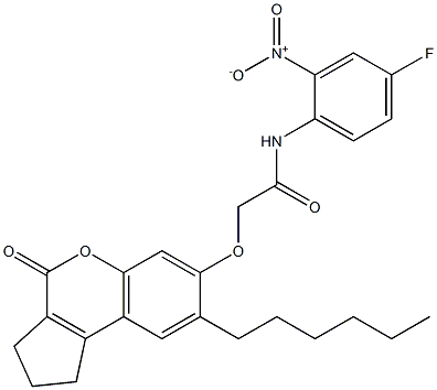 N-(4-fluoro-2-nitrophenyl)-2-[(8-hexyl-4-oxo-2,3-dihydro-1H-cyclopenta[c]chromen-7-yl)oxy]acetamide 구조식 이미지