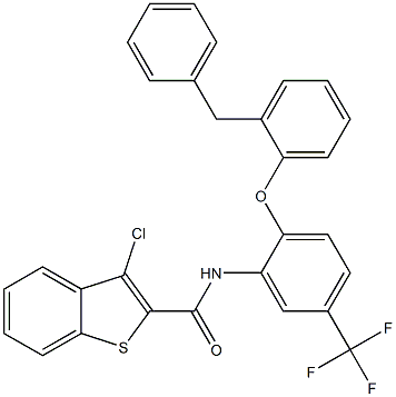 N-[2-(2-benzylphenoxy)-5-(trifluoromethyl)phenyl]-3-chloro-1-benzothiophene-2-carboxamide 구조식 이미지