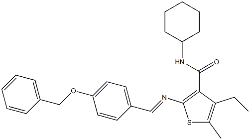 N-cyclohexyl-4-ethyl-5-methyl-2-[(E)-(4-phenylmethoxyphenyl)methylideneamino]thiophene-3-carboxamide 구조식 이미지