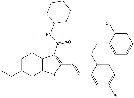 2-[(E)-[5-bromo-2-[(2-chlorophenyl)methoxy]phenyl]methylideneamino]-N-cyclohexyl-6-ethyl-4,5,6,7-tetrahydro-1-benzothiophene-3-carboxamide 구조식 이미지