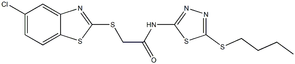 N-(5-butylsulfanyl-1,3,4-thiadiazol-2-yl)-2-[(5-chloro-1,3-benzothiazol-2-yl)sulfanyl]acetamide 구조식 이미지