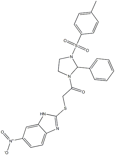 1-[3-(4-methylphenyl)sulfonyl-2-phenylimidazolidin-1-yl]-2-[(6-nitro-1H-benzimidazol-2-yl)sulfanyl]ethanone 구조식 이미지