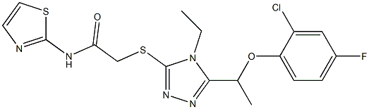 2-[[5-[1-(2-chloro-4-fluorophenoxy)ethyl]-4-ethyl-1,2,4-triazol-3-yl]sulfanyl]-N-(1,3-thiazol-2-yl)acetamide 구조식 이미지