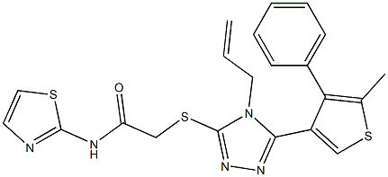 2-[[5-(5-methyl-4-phenylthiophen-3-yl)-4-prop-2-enyl-1,2,4-triazol-3-yl]sulfanyl]-N-(1,3-thiazol-2-yl)acetamide 구조식 이미지