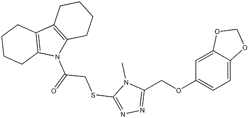 2-[[5-(1,3-benzodioxol-5-yloxymethyl)-4-methyl-1,2,4-triazol-3-yl]sulfanyl]-1-(1,2,3,4,5,6,7,8-octahydrocarbazol-9-yl)ethanone 구조식 이미지