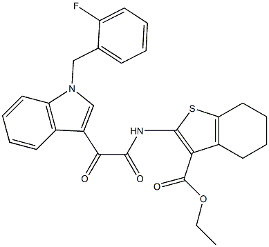 ethyl 2-[[2-[1-[(2-fluorophenyl)methyl]indol-3-yl]-2-oxoacetyl]amino]-4,5,6,7-tetrahydro-1-benzothiophene-3-carboxylate 구조식 이미지